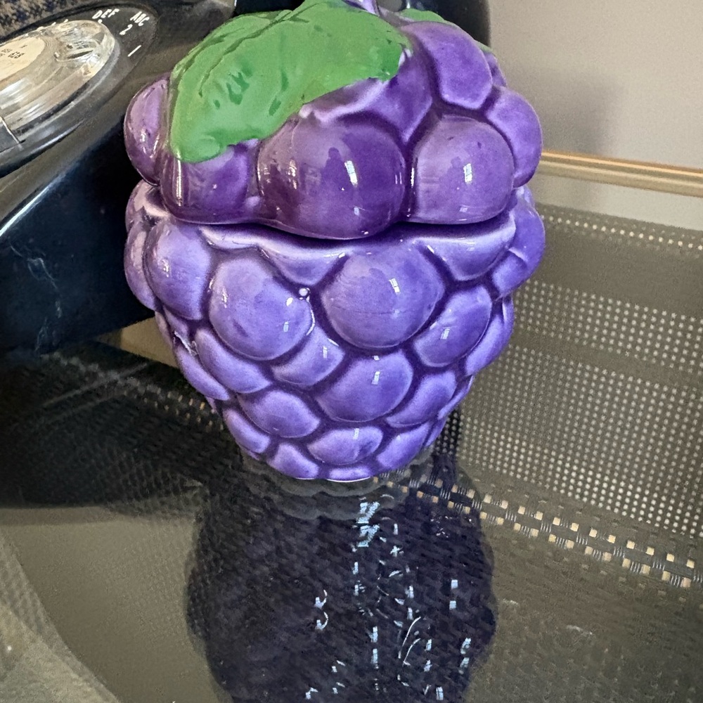 Vintage Purple Grape Ceramic Jelly Jar with Green Leaf